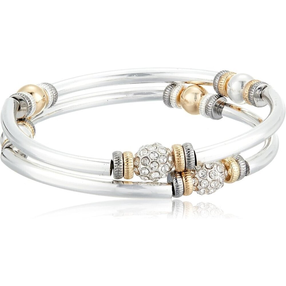 Women's Tri Tone Rhinestone Base No Clasp 2 Piece Bangle Bracelet